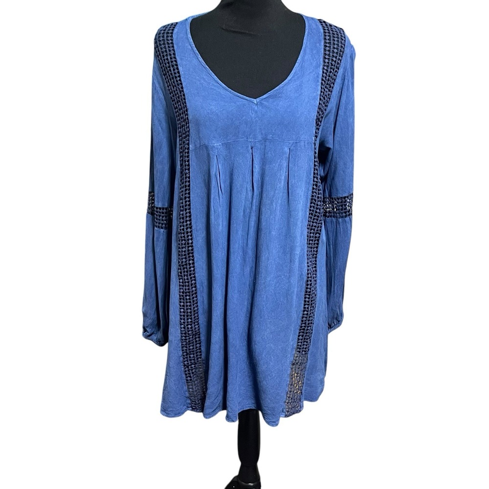 Ananda's Collection NEW Tunic Blouse Plus Size XXL‎ Navy Blue Crochet Trim Boho